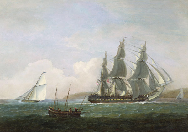 A frigate running under full sail, with a cutter and a lugger off the West Country à Thomas Luny