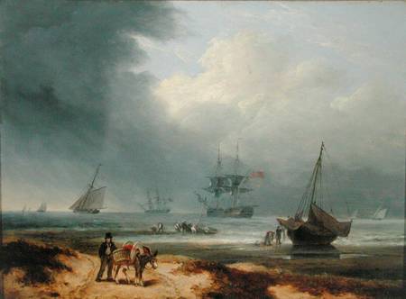 Shipping in a Windswept Bay with Men Working on the Shore à Thomas Luny
