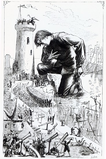 Gulliver kneels before the Lilliputians after stealing the Blefuscudian fleet, illustration from ''G à Thomas Morten
