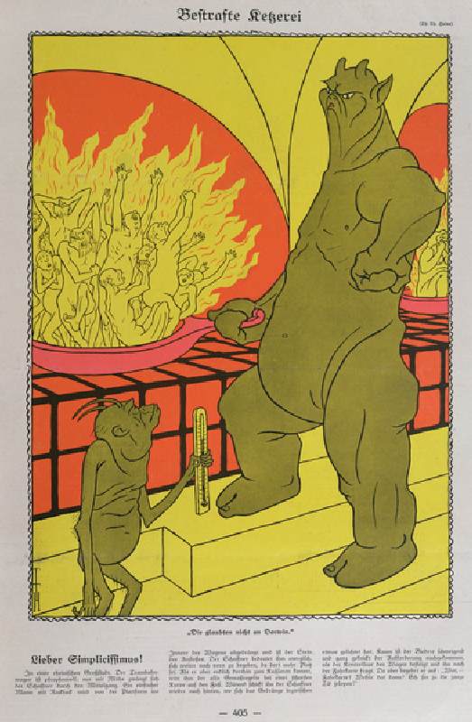The Devil Burning the Disbelievers, from Simplicissimus, 12th October 1925 (colour litho) à Thomas Theodor Heine