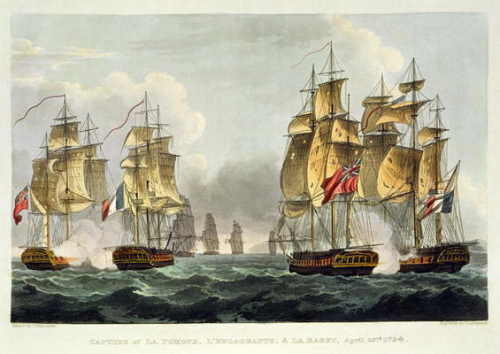 Capture of La Pomone, L'Engageante and La Babet, April 23rd 1794, engraved by Thomas Sutherland for à Thomas Whitcombe