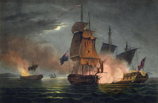 Capture of the Badere Zaffer, July 6th 1808, from 'The Naval Achievements of Great Britain' by James à Thomas Whitcombe