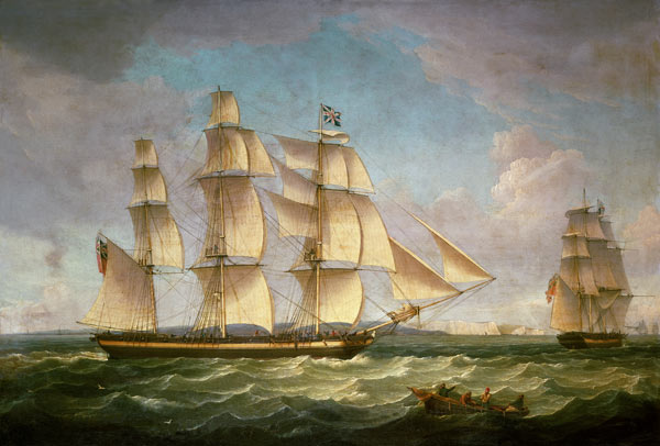 Merchantmen in a stiff breeze off the cliffs of Dover à Thomas Whitcombe