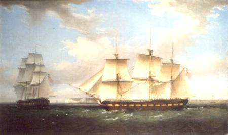 The Indiaman in two positions off Walmer Castle, Kent à Thomas Whitcombe