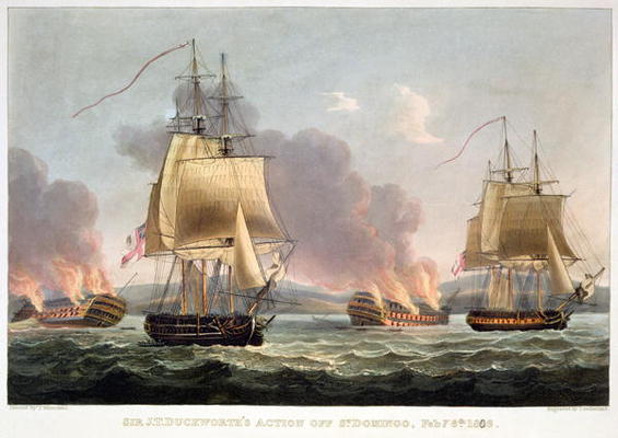 Sir J. T. Duckworth's Action off St. Domingo, February 6th 1806, engraved by Thomas Sutherland for J à Thomas Whitcombe