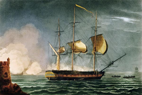 Cutting out of the Hermione from the Harbour of Porto Cavallo, October 25th 1799, from 'The Naval Ac à Thomas Whitcombe