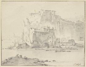 Befestigte Stadt auf hohem Felsen am Meer, vorne zwei Figuren mit einem Korb