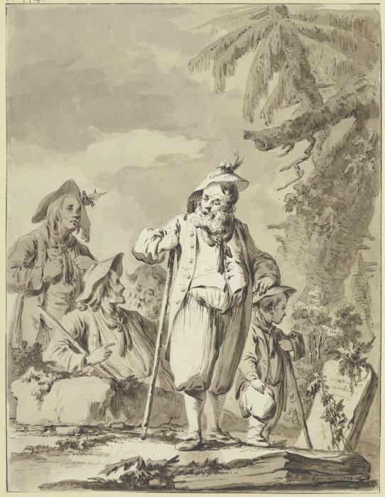 Ein alter Bauer mit drei Begleitern und einem Knaben bei einem Gedenkstein à Tiberius Dominikus Wocher