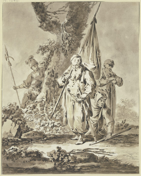 Ein alter Mann mit Fahne und Degen sowie zwei weitere Figuren, allesamt den Blick zu Boden gesenkt,  à Tiberius Dominikus Wocher