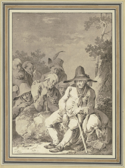 Sitzender Bauer mit großem Hut, bei seinem Gepäck rastend, und sechs Begleiter à Tiberius Dominikus Wocher