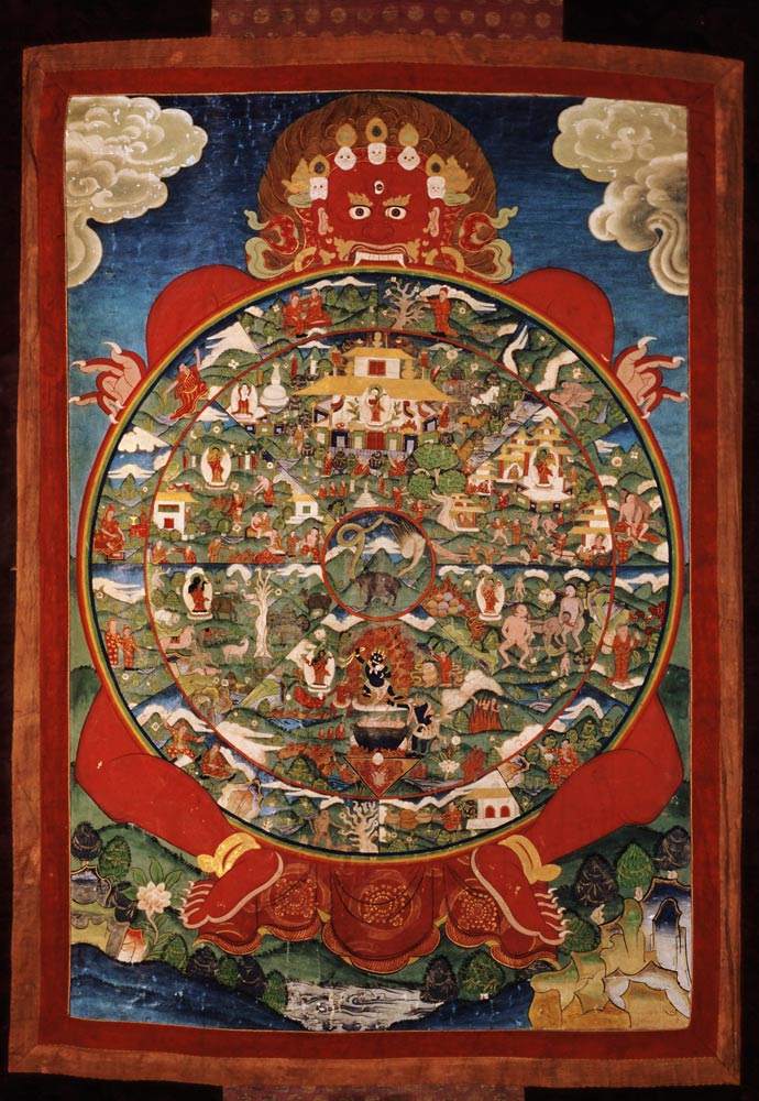 Thangka, depicting Wheel of Life turned by red Yama (Lord of Death) à Tibétain