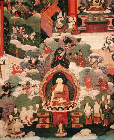 Life of Buddha Sakymuni, the Armies of Mara Attacking the Blessed à Art tibétain