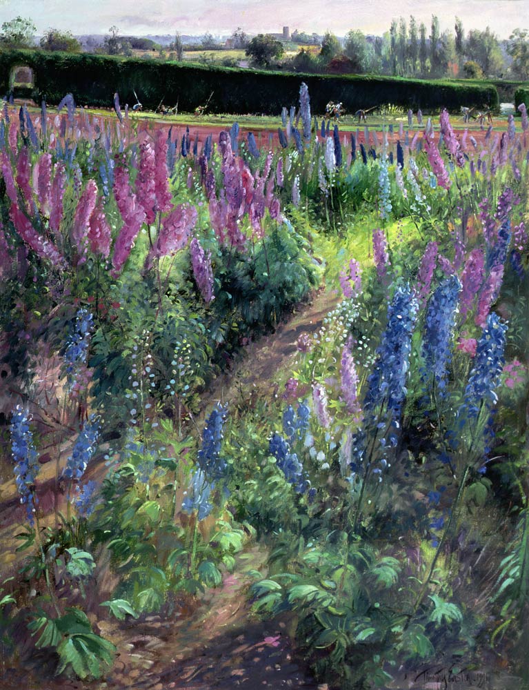 Delphinium Field and Hoers, 1991 à Timothy  Easton