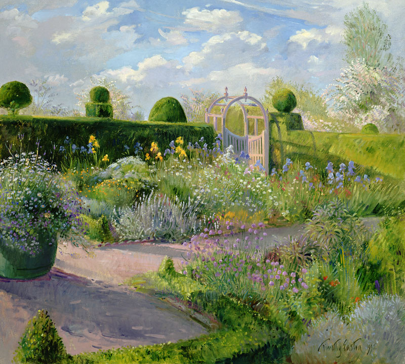 Irises in the Herb Garden, 1995 (oil on canvas)  à Timothy  Easton