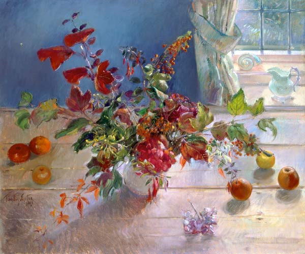 Honeysuckle and Berries, 1993 (oil on canvas)  à Timothy  Easton