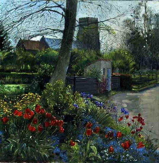 Red Tulips and Bedfield Church (oil on canvas)  à Timothy  Easton