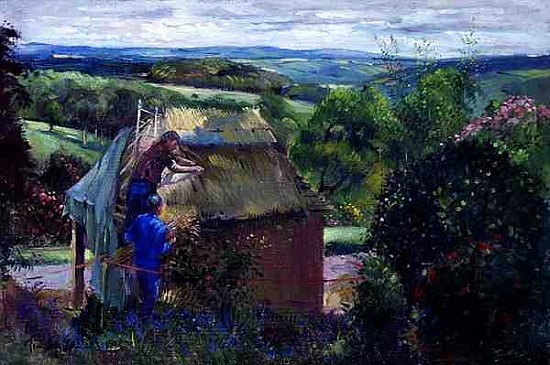Thatching the Summer House, Lanhydrock House, Cornwall, 1993 (oil on canvas)  à Timothy  Easton