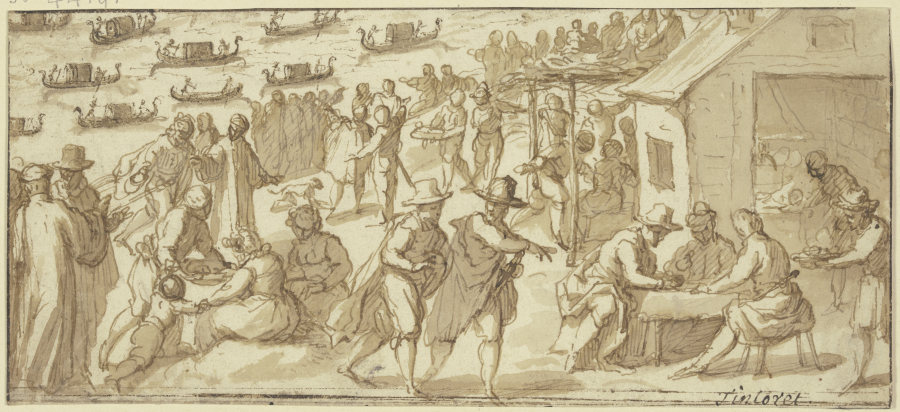 Volksszene am Ufer eines venezianischen Kanals mit Gondeln à Tintoretto