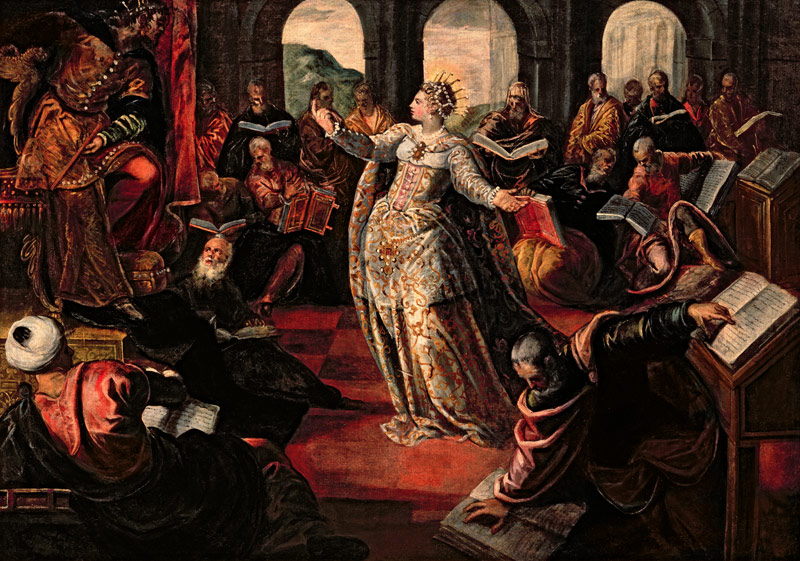 The dispute of Catherine of Alexandria with the philosophers à Tintoretto (alias Jacopo Robusti, alias Le Tintoret)