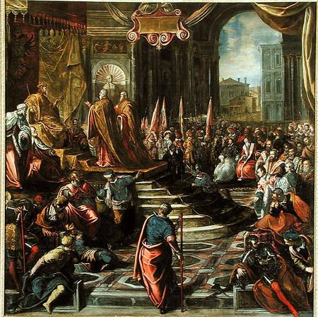 The Envoy of Pope Alexander III and Doge Sebastiano Ziani attempt to make peace with Emperor Frederi à Tintoretto (alias Jacopo Robusti, alias Le Tintoret)