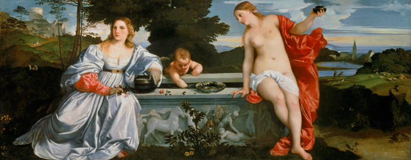 Sacred and Profane Love - Tizian (eigentl. Tiziano Verce en reproduction imprimée ou copie peinte à l\'huile sur toile