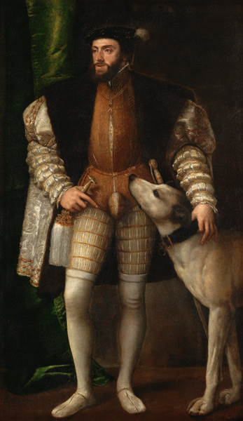 Empereur Charles V. avec le chien. à Le Titien (alias Tiziano Vecellio)