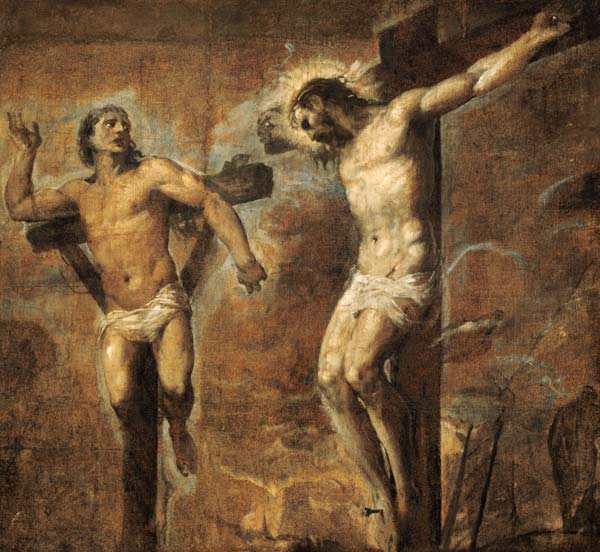 Christ on the Cross and the Good Thief à Le Titien (alias Tiziano Vecellio)