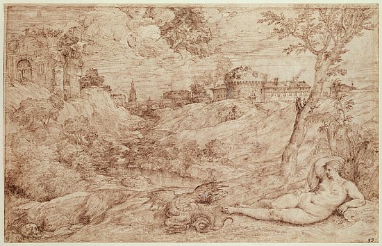 Landscape with a Dragon and a Nude Woman Sleeping (pen & ink and wash on paper) à Le Titien (alias Tiziano Vecellio)