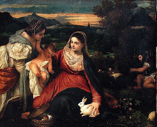 Madonna and Child with St. Catherine (The Virgin of the Rabbit) c. 1530 à Le Titien (alias Tiziano Vecellio)