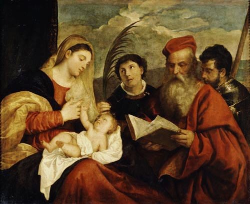 Madonna and Child with SS. Stephen, Jerome and Maurice à Le Titien (alias Tiziano Vecellio)