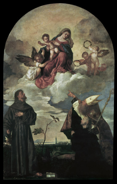 Titian / Mary with child and saints à Le Titien (alias Tiziano Vecellio)