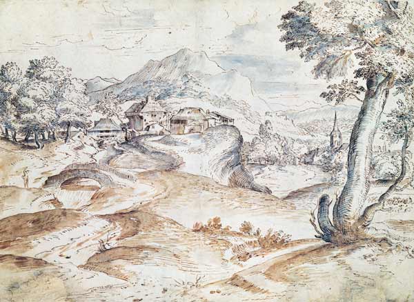 Wooded landscape with village and church (wash & ink on paper) à Le Titien (alias Tiziano Vecellio)
