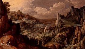 Paysage de fleuve rocheux large avec deux cavaliers