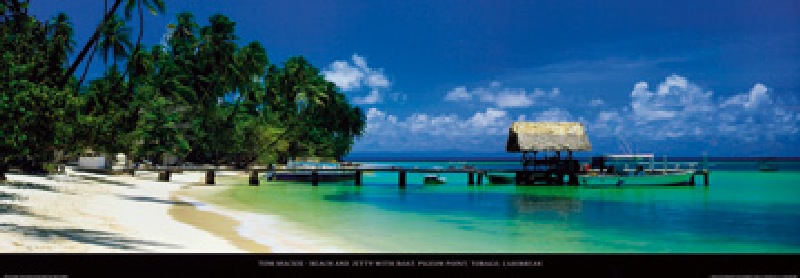 Beach and Jetty with Boat à Tom Mackie