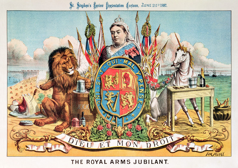 The Royal Arms Jubilant, from 'St. Stephen's Review Presentation Cartoon', 25 June 1887 (colour lith à Tom Merry