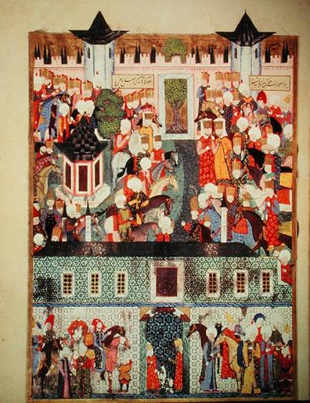 H 1517 f.17v Enthronement of Suleyman the Magnificent (1494-1566) from the 'Suleymanname' by Arifi à École turque, 18ème siècle