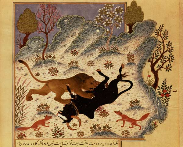 A Lion Attacking and Killing a Bull, from Rabila wa Dinma' à École turque, 18ème siècle