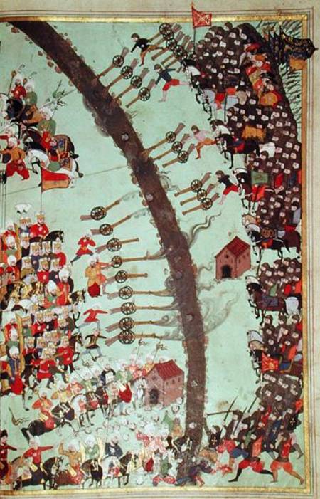 The conquest of Egri, from the 'Egri Fetihamenesi' (ink, w/c and gold leaf on à École turque, 18ème siècle