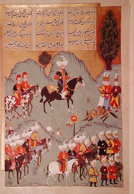 Sultan Murad I (c.1326-1389) hunting a wolf, from 'Hunernama' (Mss Hazine. 1524 f.83v) à École turque, 18ème siècle