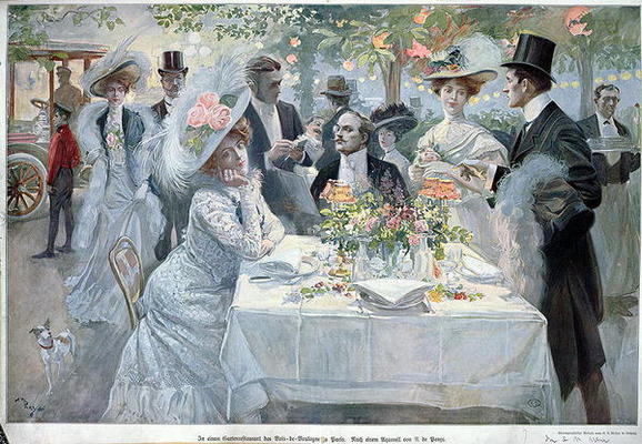 'In a restaurant in the Bois de Boulogne in Paris', late 19th century (colour litho) à U de Parns