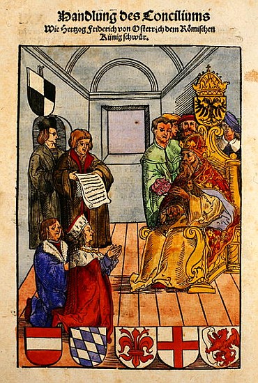 Frederick IV, Duke of Austria, declaring his fealty to the Emperor at the Council of Constance, from à Ulrich von Richental