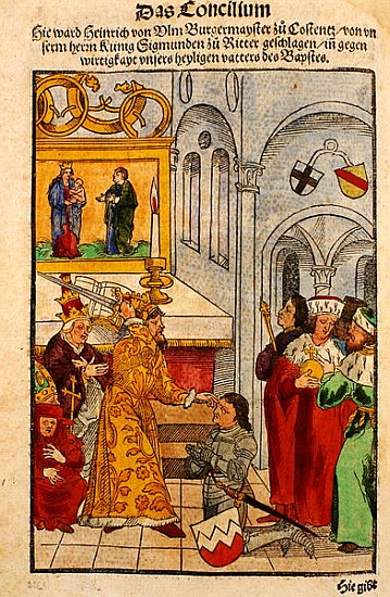 Henry of Ulm is awarded his knighthood the Emperor at the Council of Constance, from ''Chronik des K à Ulrich von Richental