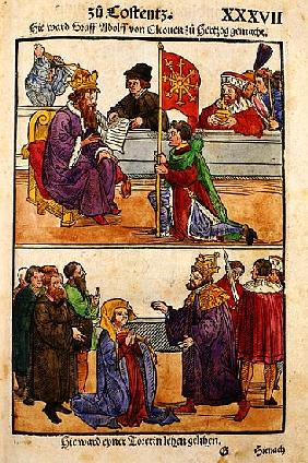 Sigismund raises Count Adolph of Cleves to the rank of Duke at the Council of Constance, from ''Chro