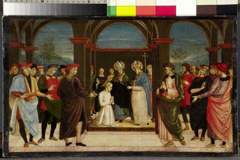 Die Einkleidung des heiligen Augustinus durch den heiligen Ambrosius à vers 1500 (successeurs Le Pérugin) Maître