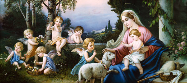 Marie avec l'enfant Jésus, mouton et angelots dans un paysage idéalisé. à (autour de 1900) Auteur anonyme