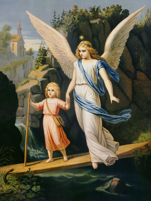 l'ange gardien conduit un enfant sur un pont à (autour de 1900) Auteur anonyme