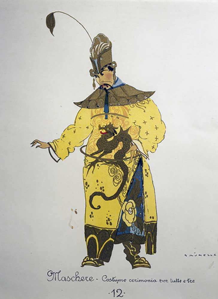 Costume for a maschere from Turandot by Giacomo Puccini, sketch by Umberto Brunelleschi (1879-1949)  à Umberto Brunelleschi