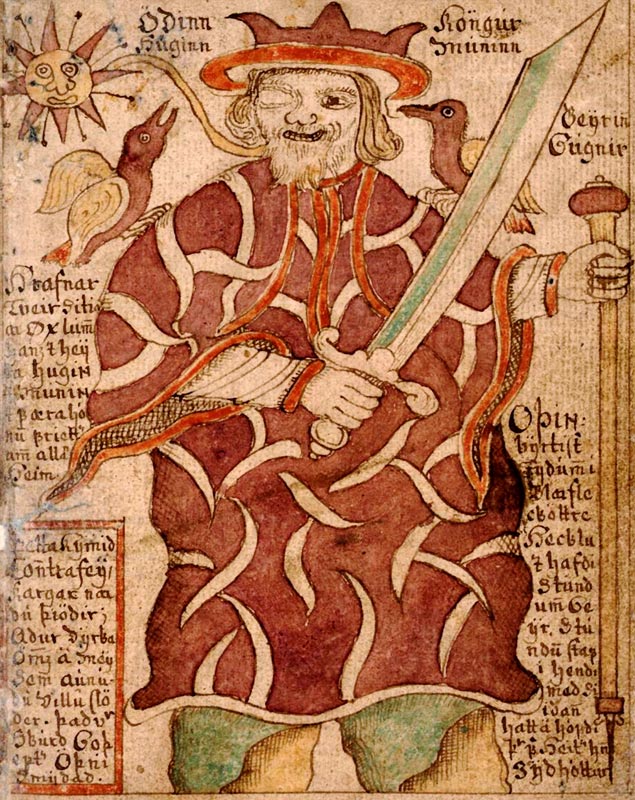 Odin with his ravens Hugin and Munin and his weapons (from the Icelandic Manuscript SÁM 66) à Artiste inconnu