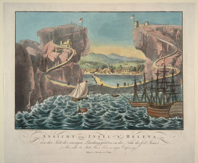 View of the Island of St. Helena from the side of the landing place near the Fort James à Artiste inconnu
