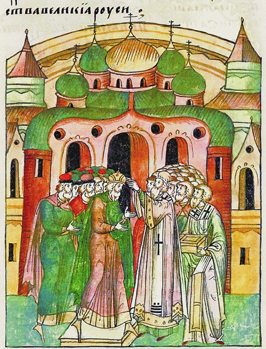 Vladimir Vsevolodovich crowned by Bishop Neophytos with Monomakh's Cap. (From the Illuminated Compil à Artiste inconnu